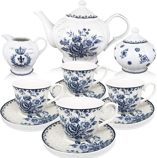 Btat- Blue Dream Tea Set, Tea Cups (8Oz), Tea Pot (48Oz), Creamer and Sugar Set, Gift Box, China Tea Set, Tea Service, Tea Cups and Saucer Set, Tea Set for Adults, Porcelain Tea Set