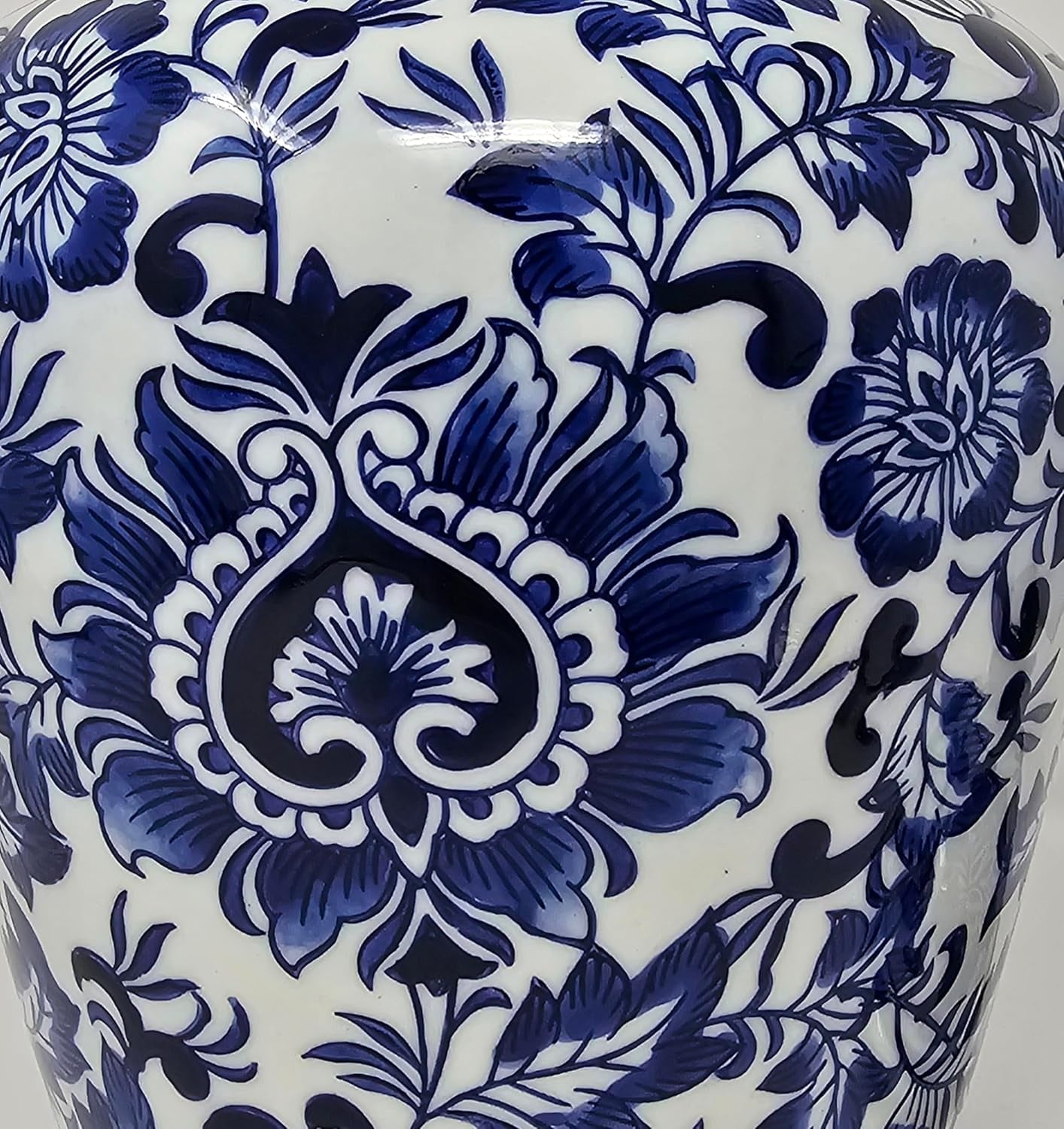 12.5" Blue and White Porcelain Floral Temple Ginger Jar Vase, China Qing Style (Blue)