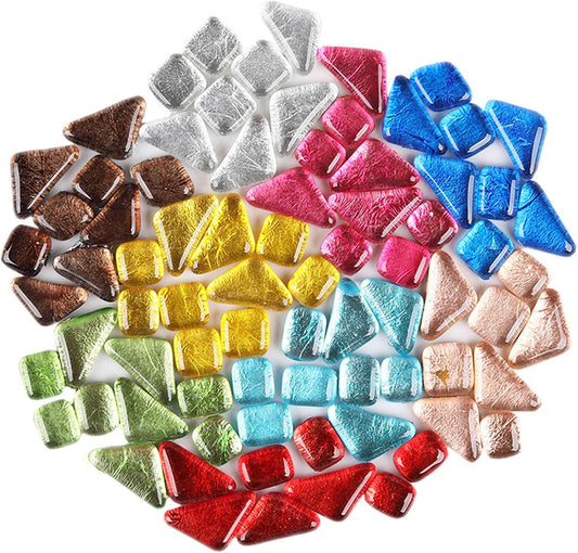200 G Gold Leaf Gilding Mosaic Tiles for Crafts Purple Assorted Color Glass Glitter Mosaic Supplies Pieces Bulk Assorted Shape Triangle Diamond - Yellow Green Mix