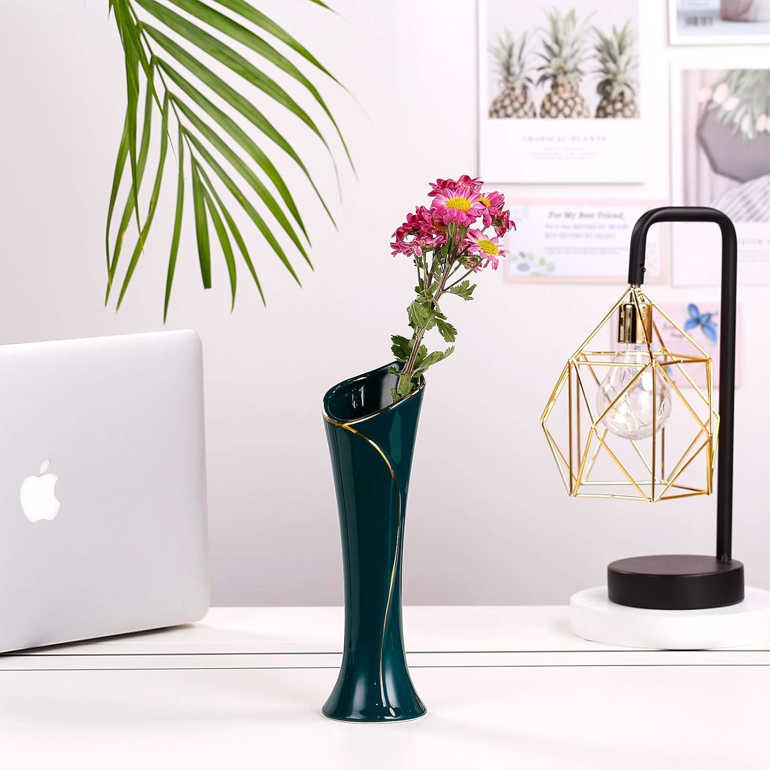 Set of 2 Ceramic Flower Vases, Retro Minimalism Ceramic Vases Elegant Swan Neck Shape Dry and Wet Flower Arrangement Vases for Home Decor, Green