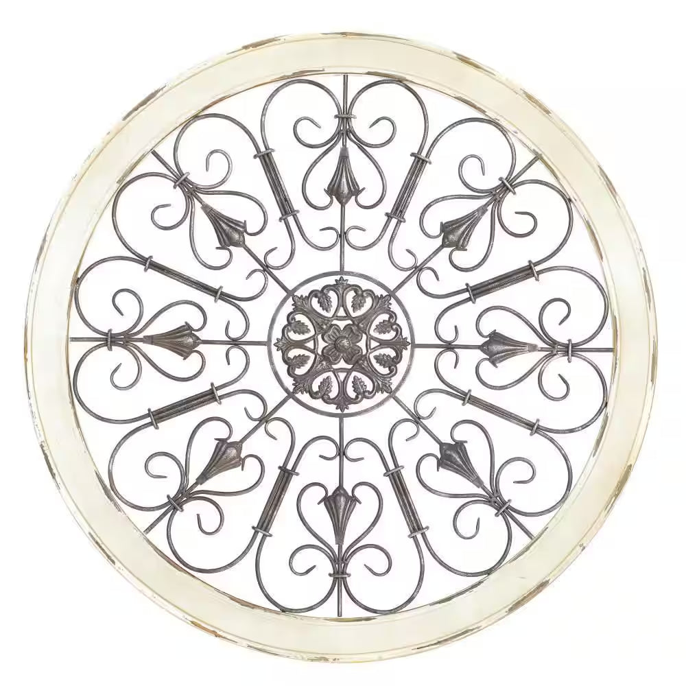 36 In. X 36 In. Wood White Window Inspired Scroll Wall Decor with Metal Scrollwork Relief