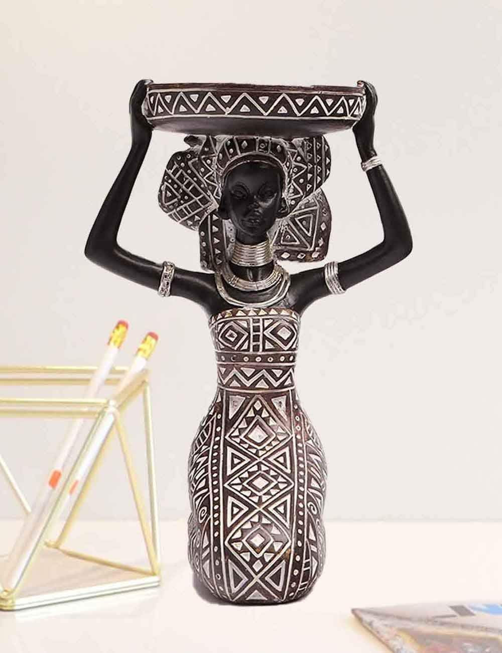 African Lady Figurine Candle Holder with African Tribal Totem for Wedding, Holiday Decor-African Decorative Women Statues, Candlestick Holder for Home and Table Decor(753-Black)