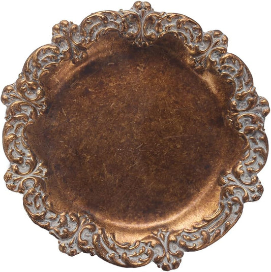 Vintage Tray Small Antique Trinket Dish, Round, Ring Holder with Twisted Flower Surrounding, Cosmetics Makeup Storage Organizer, Gift, Aesthetic Room Decor (Bronze-Flower)