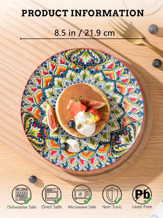 Ceramic Dessert Plates Set of 6, 8.5 Inch Porcelain Salad Plate, Colorful Bohemian Style Serving Dishes for Cake, Snack, Appetizer, Decorations, Dishwasher & Microwave Safe