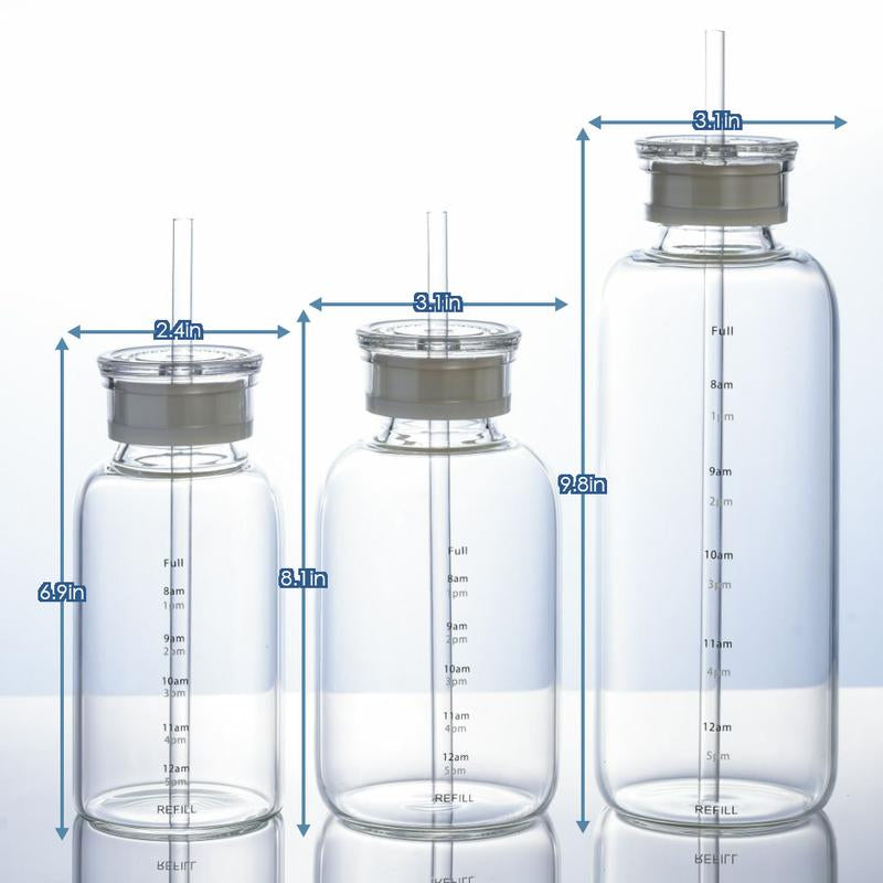 Time-Scale Borosilicate Glass Water Bottle, Two Lids & Straw, Temperature Resistant, 10Oz/15Oz/23Oz, Gray/Transparent