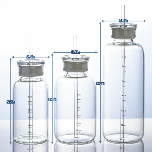 Time-Scale Borosilicate Glass Water Bottle, Two Lids & Straw, Temperature Resistant, 10Oz/15Oz/23Oz, Gray/Transparent