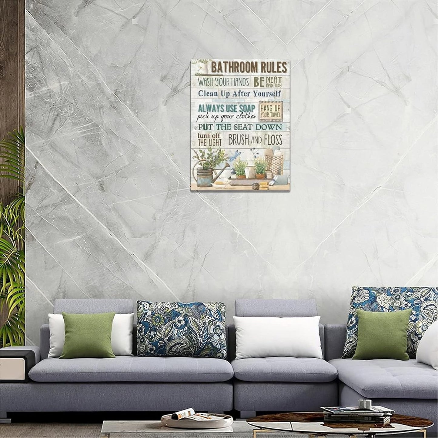 Rustic Bathroom Rules Canvas Prints - Farmhouse Wall Decor, Framed Bathroom Artwork for Laundry Room & Home Decorations
