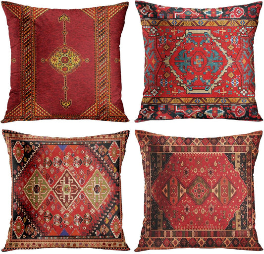 Throw Pillow Covers Geometric Kilim Moroccan Home Decor Set of 4 Oriental Ikat Pillow Cases Living Room Decorative 18 X 18 Inches Cushion Couch Sofa Pillowcases Colorful Red Tribal