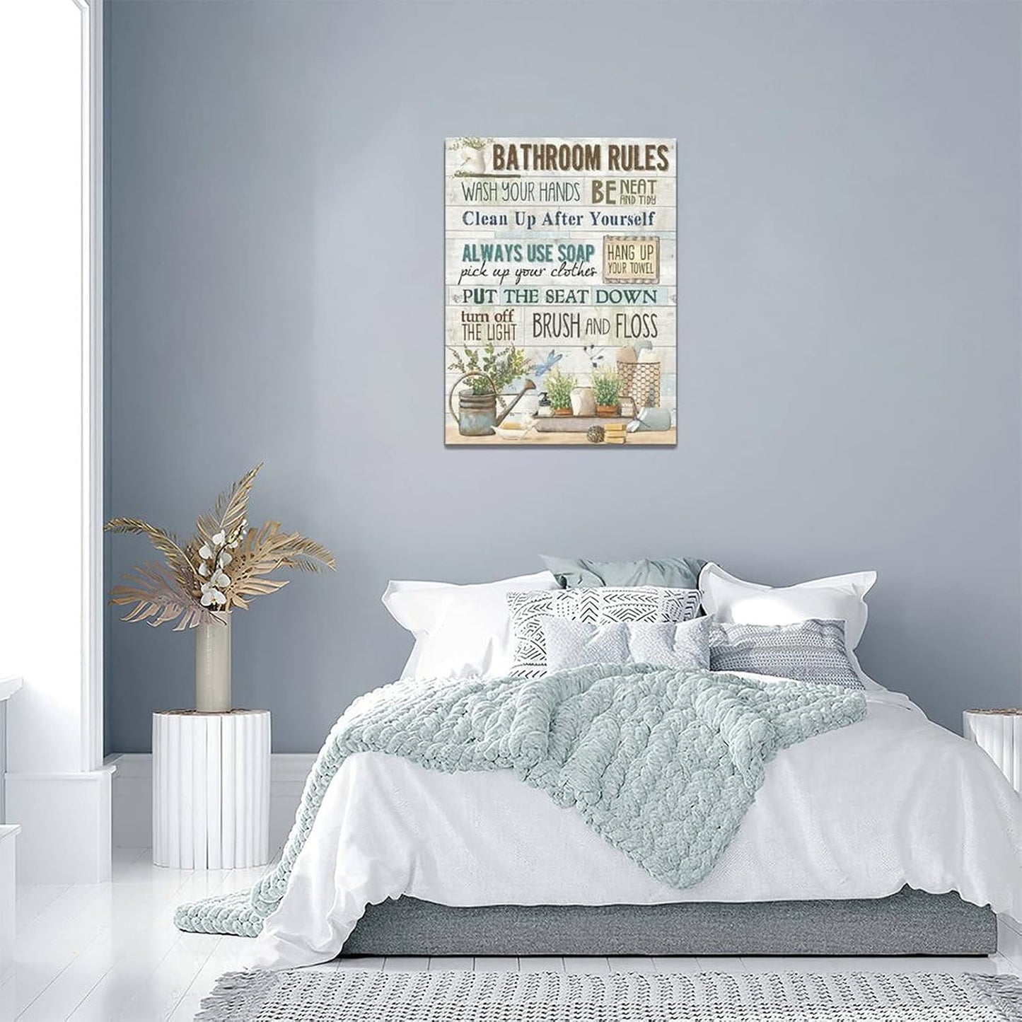 Rustic Bathroom Rules Canvas Prints - Farmhouse Wall Decor, Framed Bathroom Artwork for Laundry Room & Home Decorations