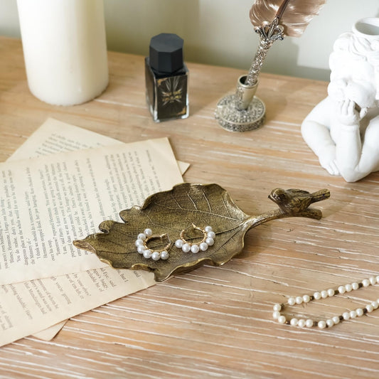 Jewelry Organizer, Vintage Bronze Leaf Shaped Ring Holder, Trinket Dish Vanity Tray for Dresser Home Decor