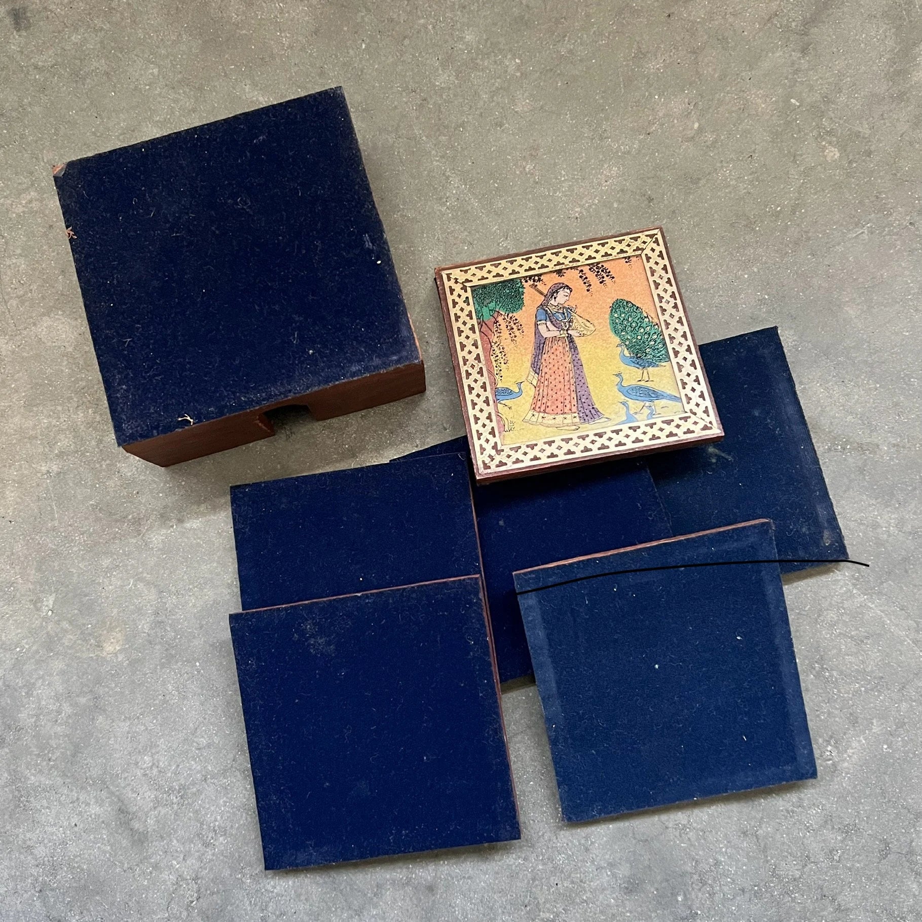 Rajput Princess Bani Thani Wooden Gemstone Coaster Set Small Brass Framed Indian Rajasthani Art Coaster Set of 6 Glass Cover Velvet Lined