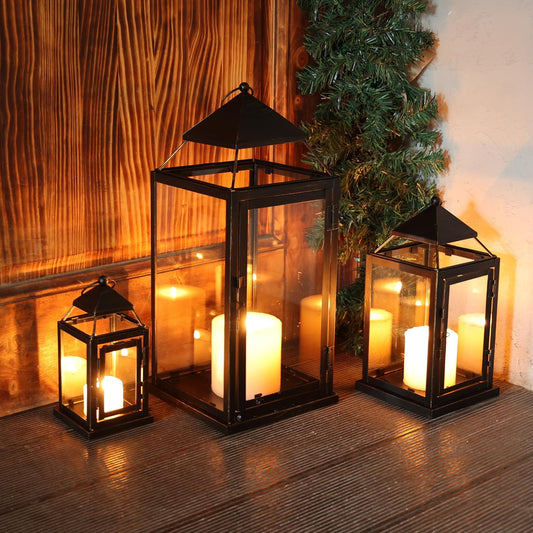 Lanterns Decorative Outdoor&Indoor, Set of 3 Outdoor Lanterns for Porch, Vintage Candle Lantern Decor for Living Room, Fireplace, Fall, Christmas, Garden, Wedding, Yard, Bronze