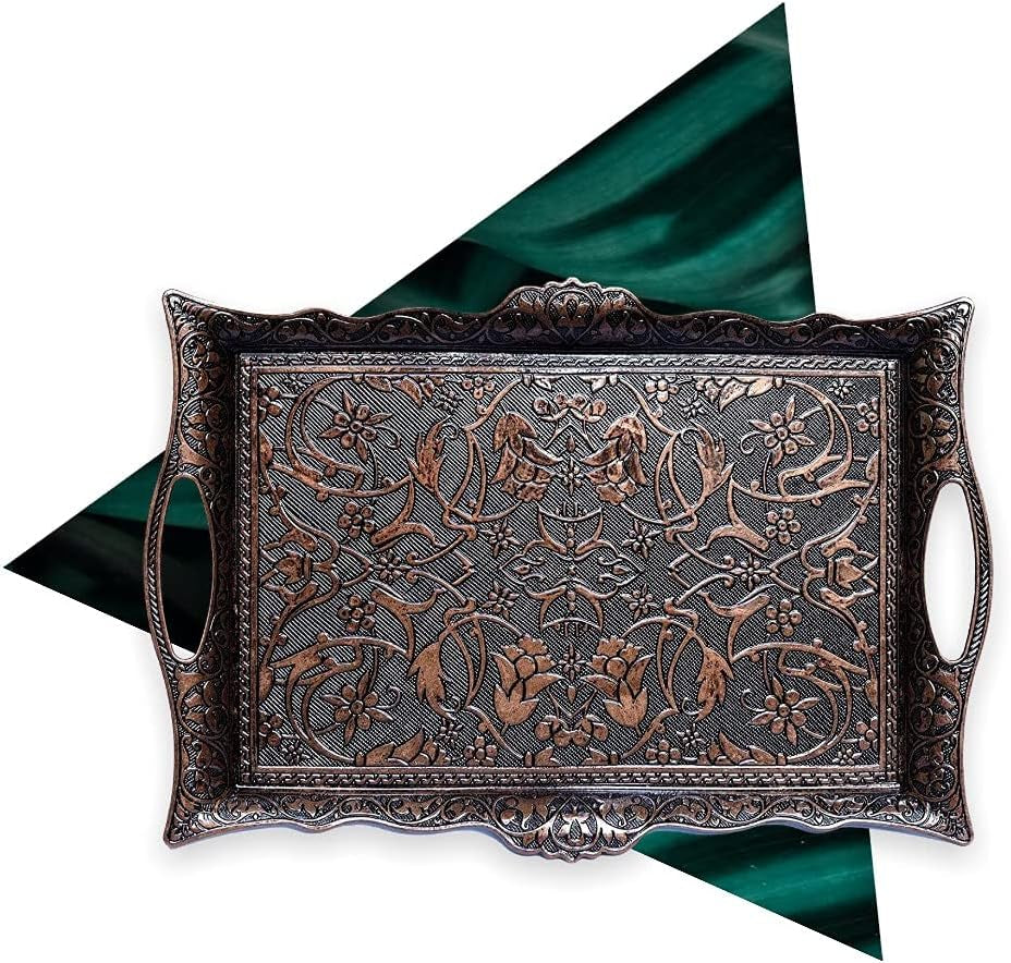 Ottoman Turkish Zamak Serving Tray with Traditional Motifs, Ideal for Coffee and Tea - Six Person Tray (14.5 X 9.85 In) (Copper)
