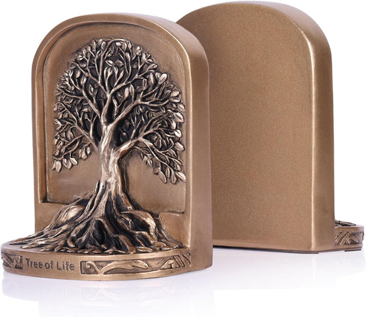 Antique Bronze Color Tree of Life Bookends Set, 2 Decorative Bookends for Shelves or Bookcase, Non-Skid Heavy Bookends for Desktop Shelf Decor, Library Office Decor, Home Décor Gift (Bronze Color)