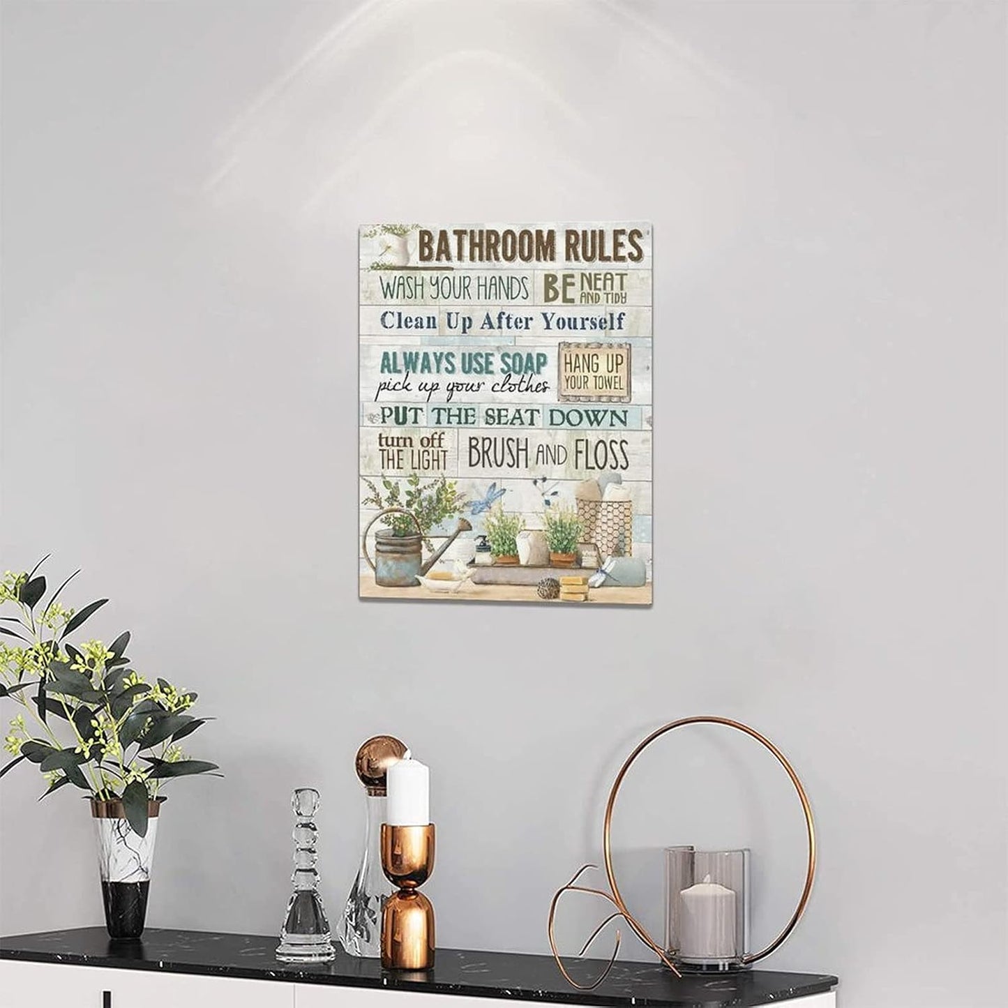 Rustic Bathroom Rules Canvas Prints - Farmhouse Wall Decor, Framed Bathroom Artwork for Laundry Room & Home Decorations