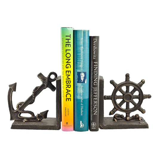 Nautical Anchor and Ship Wheel Iron Non-Skid Bookends Set