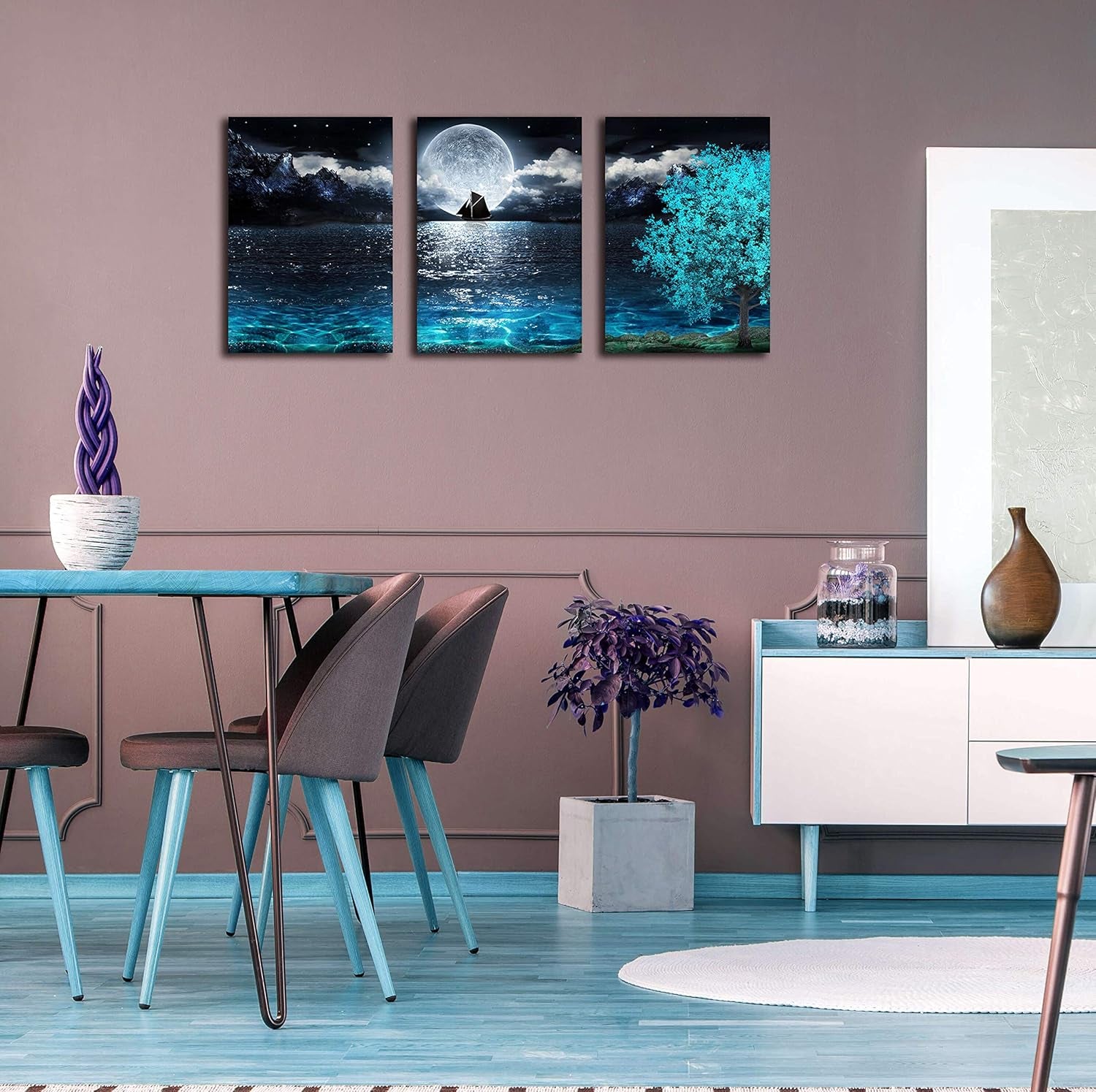 Moon Wall-Art - Teal Ocean Modern Decor Wall Decor for Living Room - Wall Art for Bedroom on Canvas Framed Size 12X16 Inches X3 Pieces