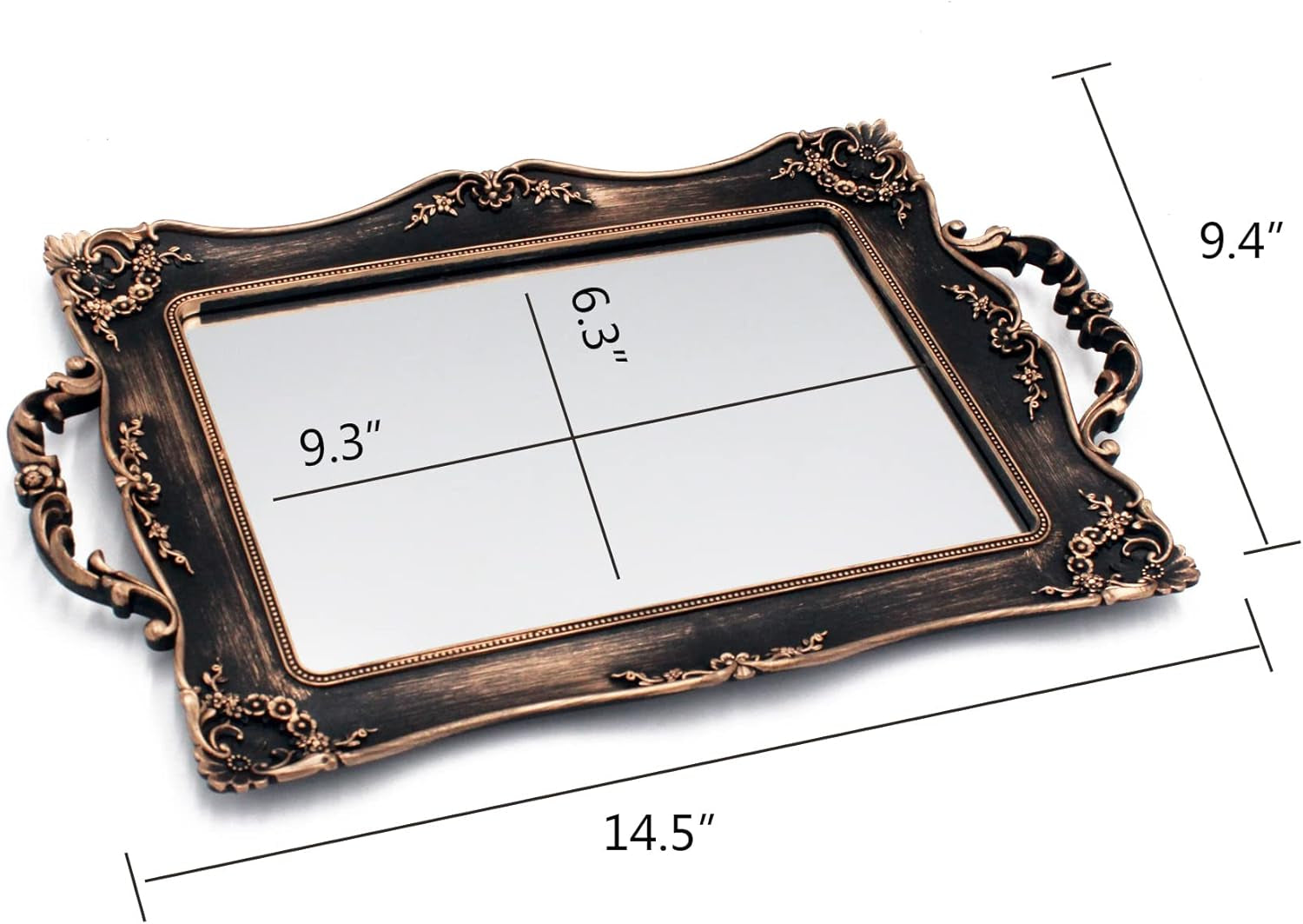 Antique Decorative Gold Framed Square Mirror Tray, Jewelry & Cosmetics Organizer for Dresser, Square - 9.5" W X 14.5" L (Bronze)