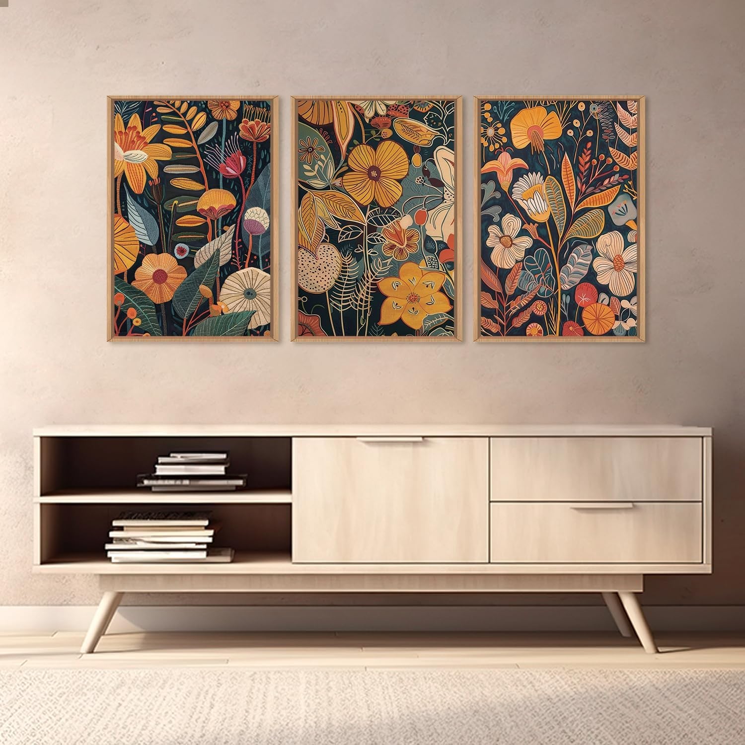 Burnt Orange Floral Framed Wall Art Set, Large Boho Botanical Canvas Wall Decor, Mid Century Modern Plant Wall Prints, 3 Piece 16X24 Inches Art Print for Living Room, Bedroom, Office