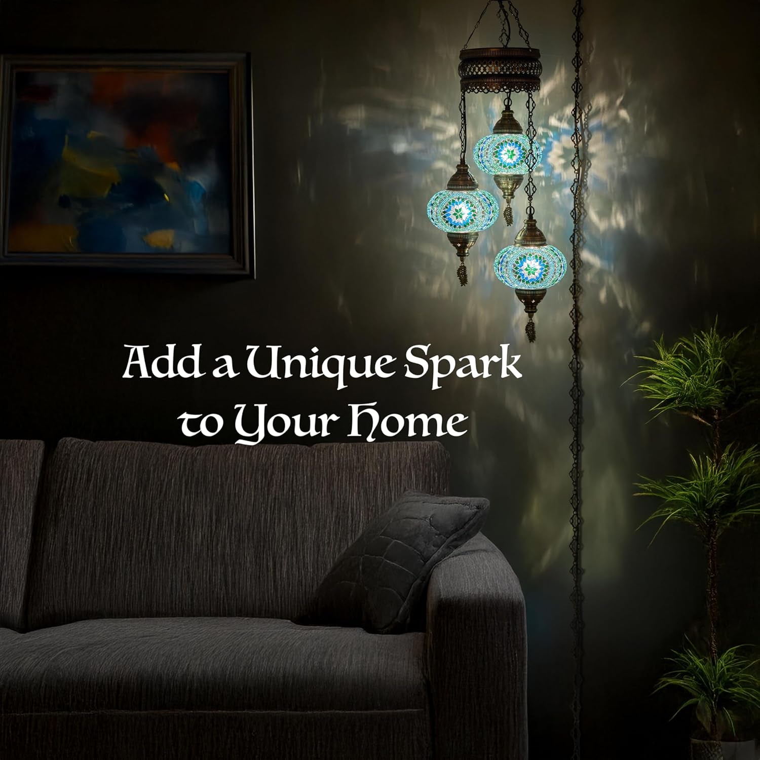 3-Large 7'' Globes Turkish Moroccan Mosaic Plug-In Chandelier - Handmade Pendant Light Fixture with 15-Ft Cord & Chain, Decorative Bohemian Hanging Ceiling Lamp for Living Room, Bedroom, 3.5 Ft