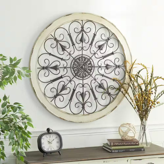 36 In. X 36 In. Wood White Window Inspired Scroll Wall Decor with Metal Scrollwork Relief