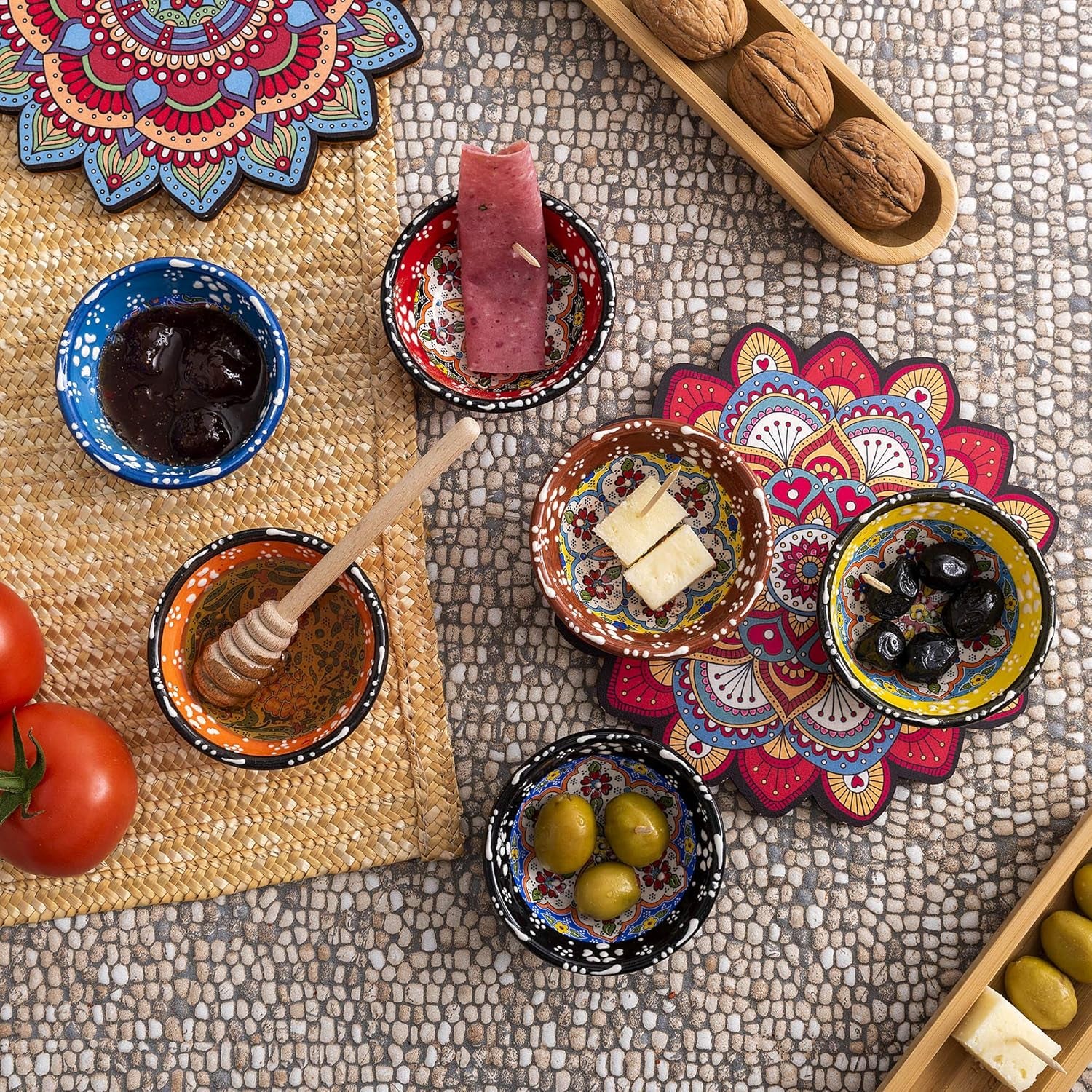 Decorative Turkish Ceramic Bowl Set of 6 Serving-Handcrafted(3.14''- 8Cm) 2.5Oz Pinch Sauce Multicolor Dipping Finger Small Serving Charcuterie Bowls