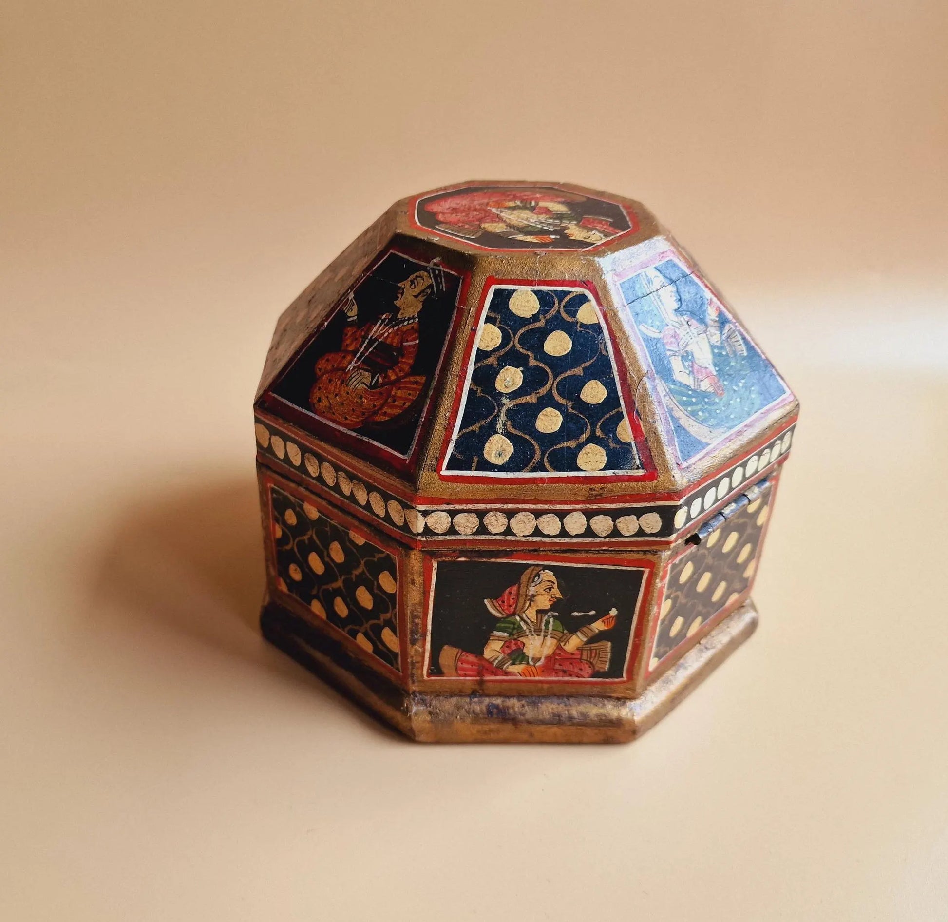 Vintage Indian Octagonal Wooden Box, Antique Mughal Wood Turban Marriage Box