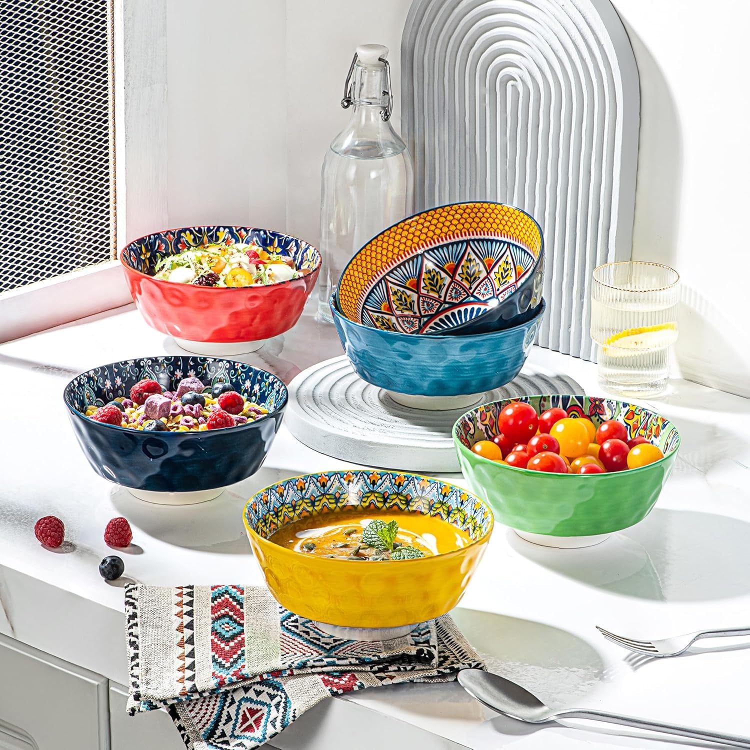 Ceramic Cereal, Soup Bowls Set of 6-25 Oz Porcelain Serving Bowls for Dinner, Pasta, Salad, Oatmeal, Microwave & Dishware Safe - Bohemian Style