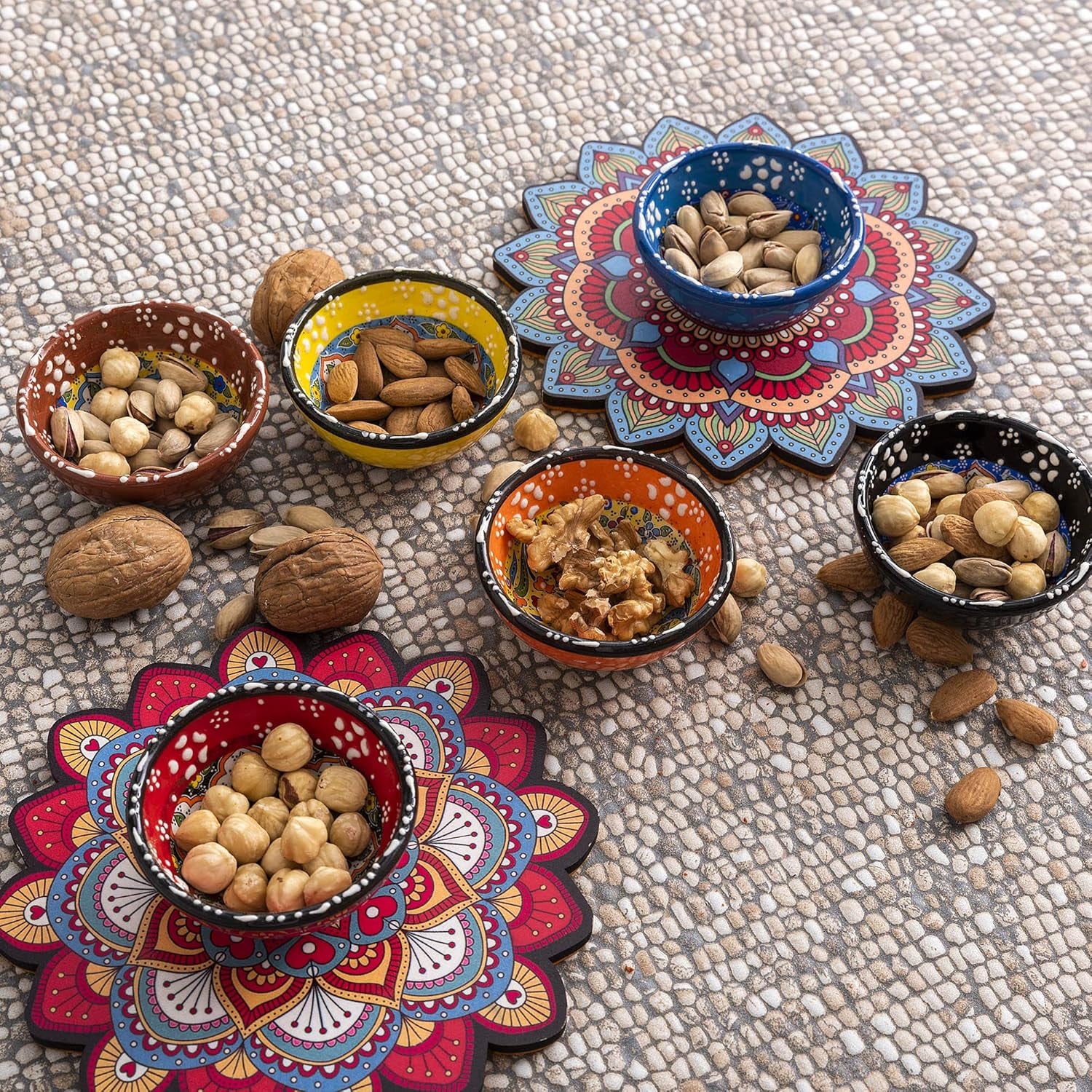 Decorative Turkish Ceramic Bowl Set of 6 Serving-Handcrafted(3.14''- 8Cm) 2.5Oz Pinch Sauce Multicolor Dipping Finger Small Serving Charcuterie Bowls