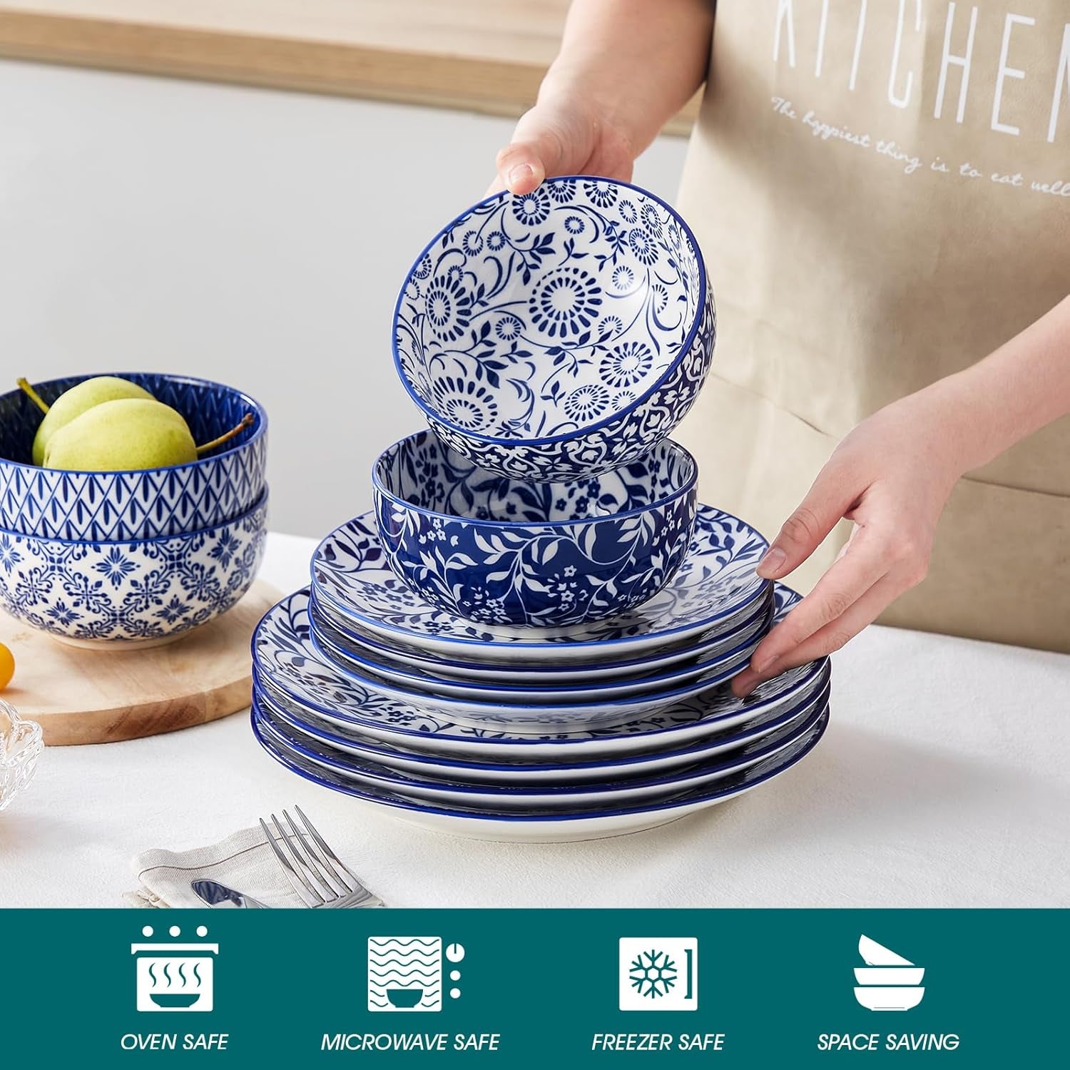 SELENE Plates and Bowls Set for 4, 12 Pieces Dinnerware Sets, Mircowave and Dishwasher Safe Dishes Set, Porcelain Blue Dinnerware