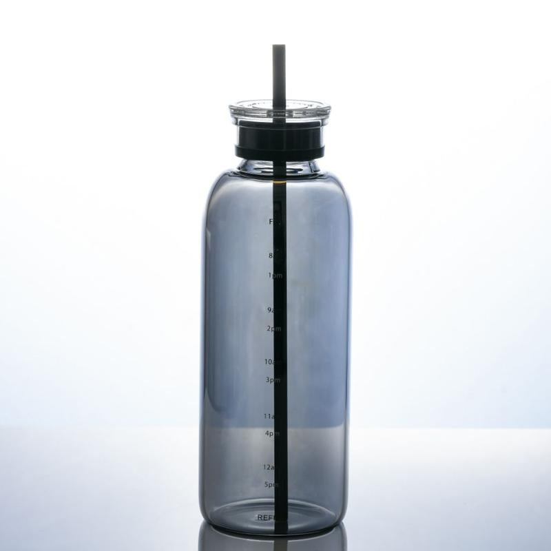 Time-Scale Borosilicate Glass Water Bottle, Two Lids & Straw, Temperature Resistant, 10Oz/15Oz/23Oz, Gray/Transparent