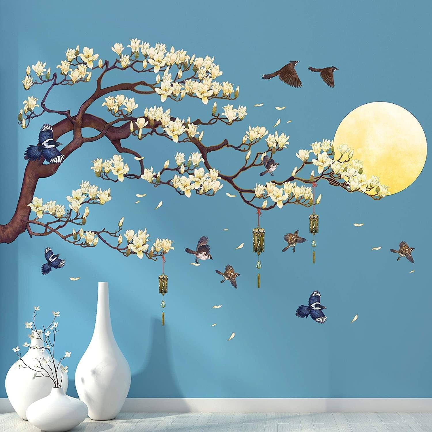 RW-1005 White Magnolia Tree Branch Flying Birds Wall Stickers Peel and Stick 3D DIY Moon Wall Decals Removable Wind Chimes Art Wall Murals for Kids Offices Home Walls Bedroom Decaoration