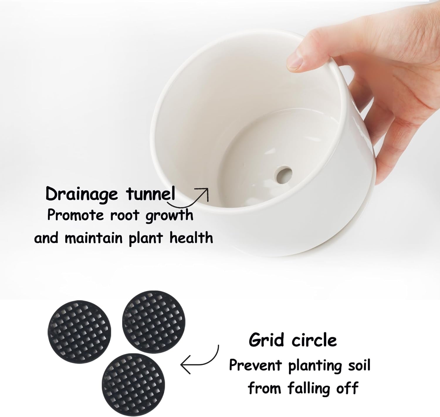 4+5+6 Inch Glazed Plant Pots with Connected Saucers, round Modern Ceramic Flower Pots - Small to Large Size for All House Plants, Flowers and Succulent, Set of 3 (White)