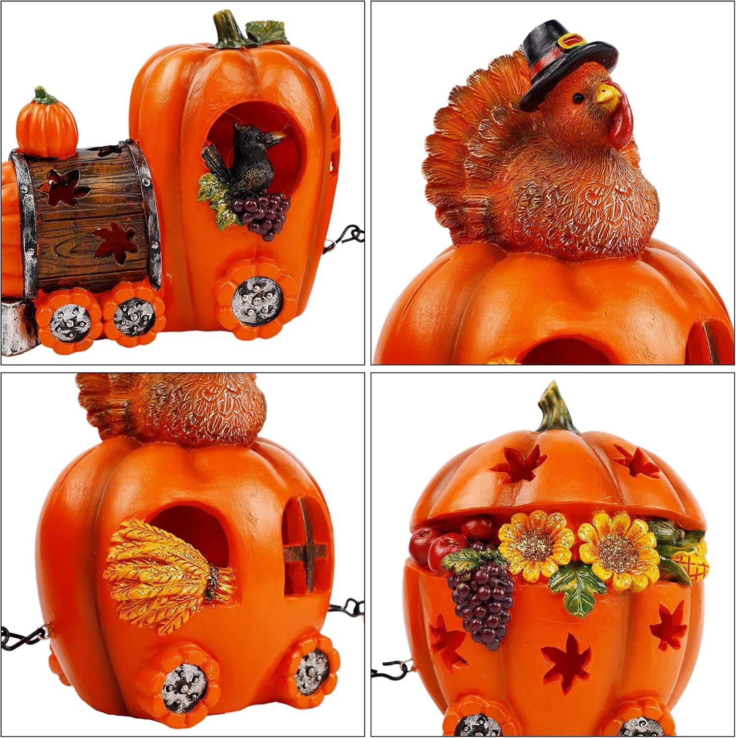 Thanksgiving Table Decorations Resin Pumpkin Turkey Carriage Train with LED Lights, Turkey Tabletop Centerpieces Fall Harvest Decor for Home Kitchen