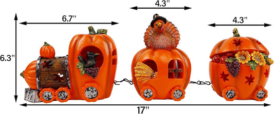 Thanksgiving Table Decorations Resin Pumpkin Turkey Carriage Train with LED Lights, Turkey Tabletop Centerpieces Fall Harvest Decor for Home Kitchen