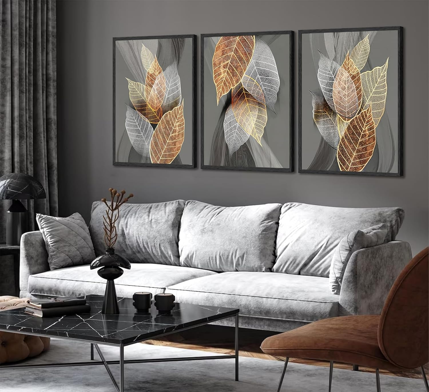 3 Pieces Modern Abstract Leaves Canvas Wall Art Inspirational Painting Picture Wall Decor Poster Print Artwork for Living Room Bedroom Bathroom Office Home Decoration Unframed