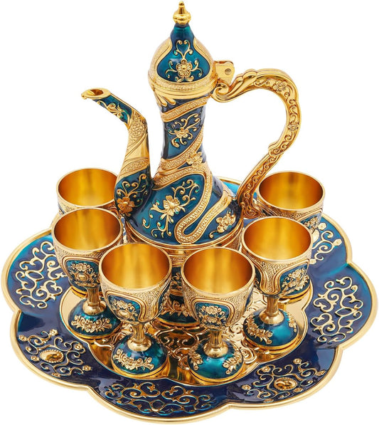 Turkish Tea Set, Vintage Turkish Coffee Cups Set with Pot and 6 Cups,Turkish Tea Glasses for Home Decor Birthday Christmas Housewarming Wedding  (Blue, Gold)