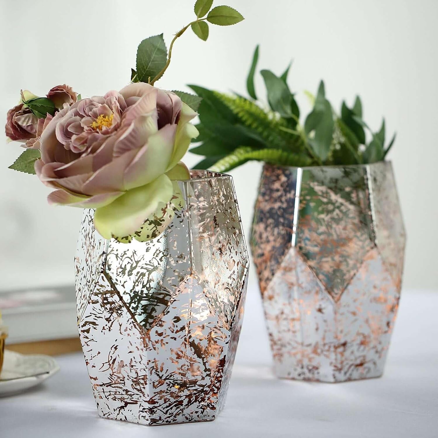 2 Pack 8" Pentagon Geometric Vases Mercury Glass Candle Holders - Silver | Rose Gold