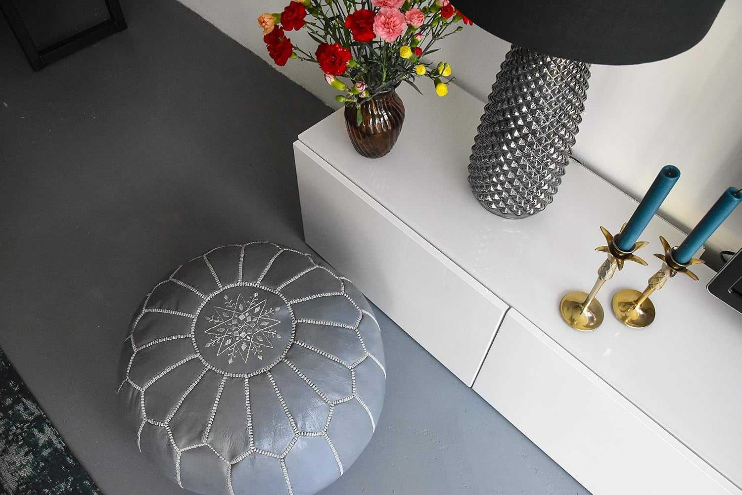 Premium Moroccan Leather Pouf - Handmade - Delivered Stuffed - Ottoman, Footstool, Floor Cushion (Grey)