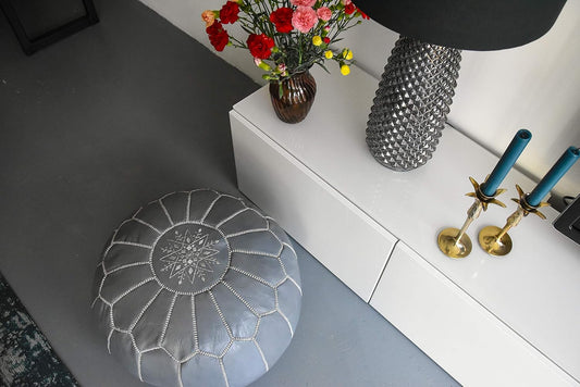 Premium Moroccan Leather Pouf - Handmade - Delivered Stuffed - Ottoman, Footstool, Floor Cushion (Grey)