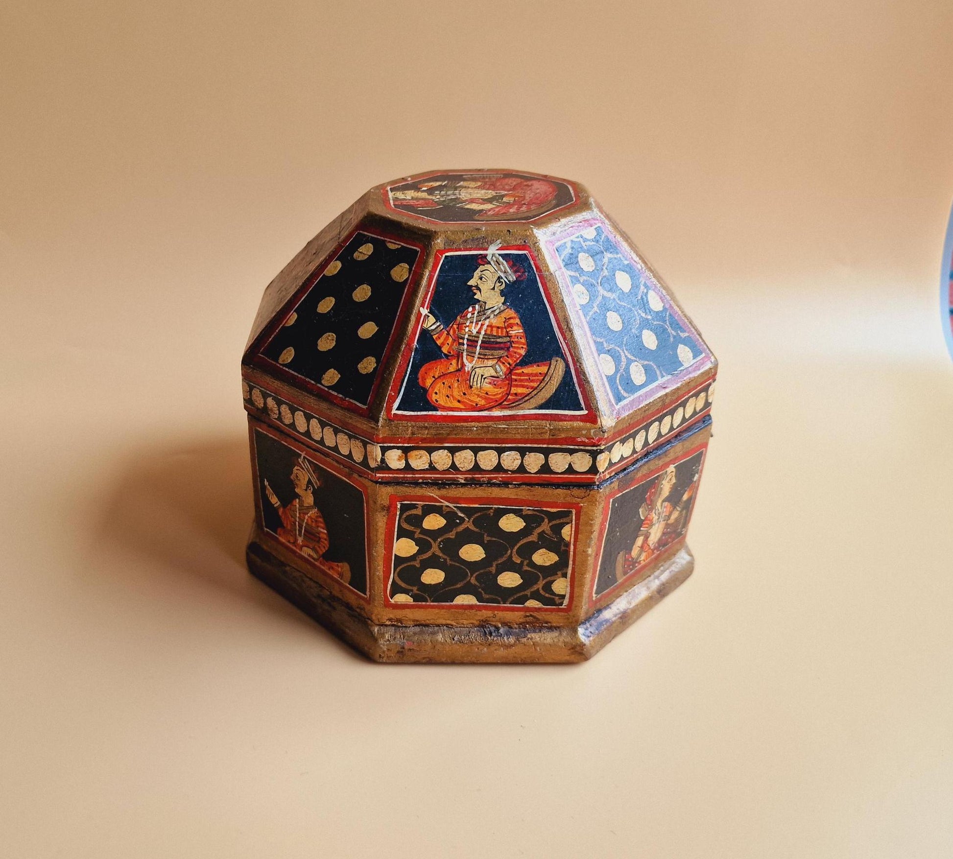 Vintage Indian Octagonal Wooden Box, Antique Mughal Wood Turban Marriage Box