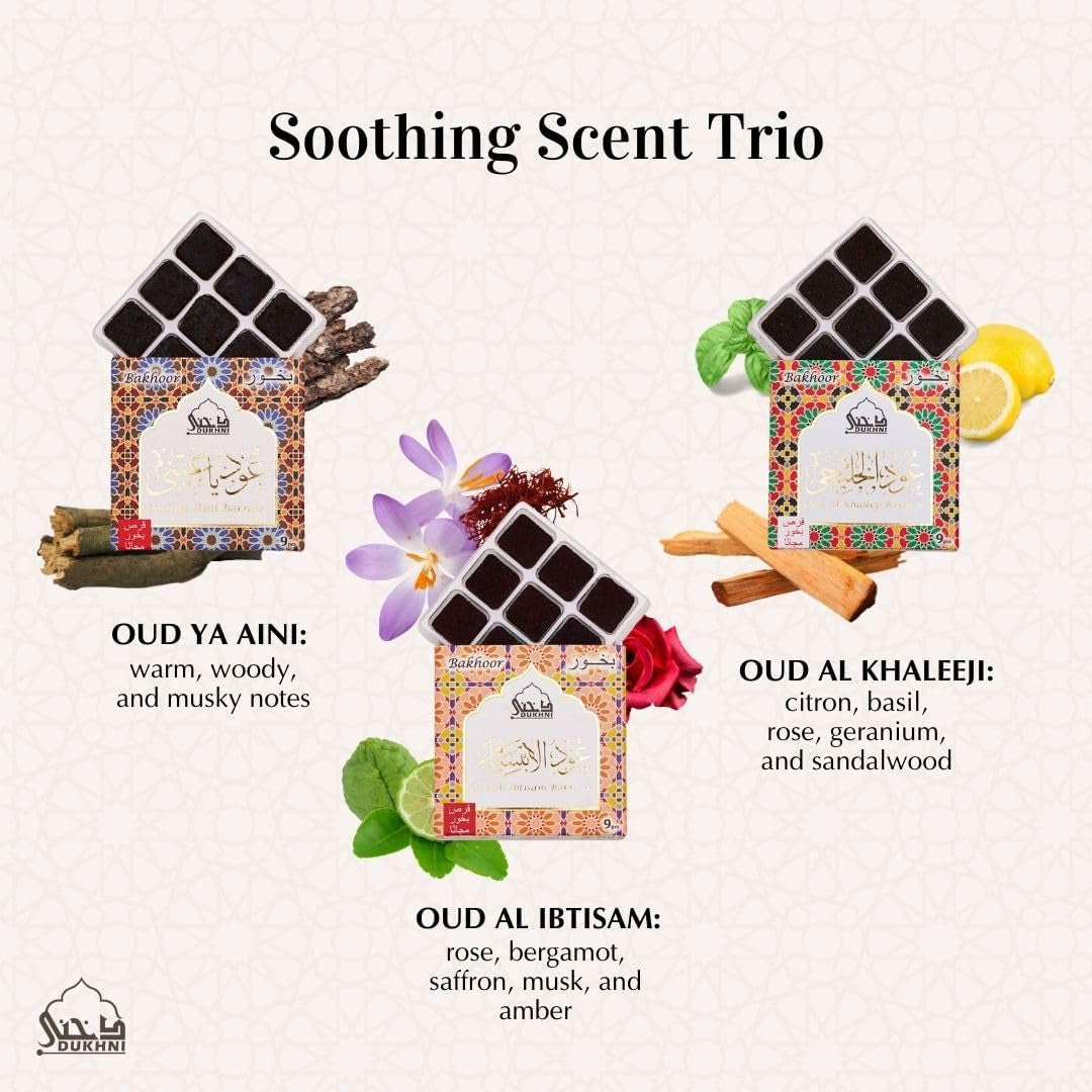 Oud Ya Aini, Oud Al Khaleeji, Oud Al Ibtisam Bakhoor Set عود بخور و مبخرشمعدان by  | 3 X 9 Piece Each & Tree Bakhoor Burner | Arabic Bakhoor Incense | Great Gift & Decor for Ramadan Eid Hampers