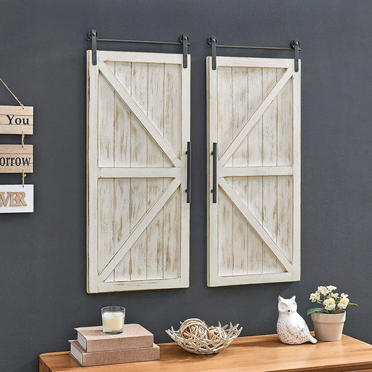 & Co. White Carriage Barn Door Wall Plaque, Large Vintage Decor for Living Room, Bedroom, Home Office, Wood, Farmhouse, 28 X 34 Inches, 2-Piece Set