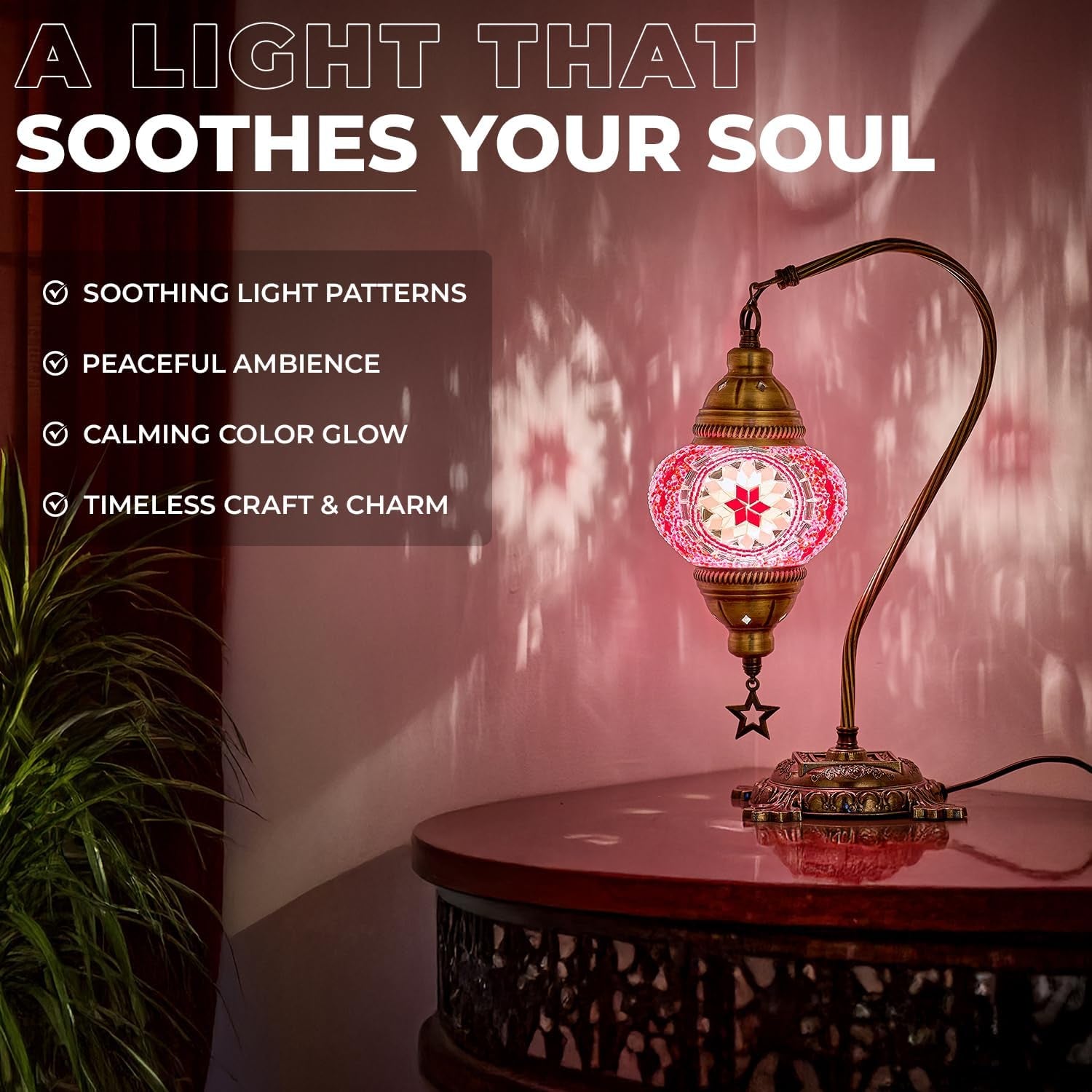 Handmade Turkish Mosaic Table Lamp - Boho Chic Bedside Light in Antique Brass Finish, 15" H, Multicolor Accent for Bedroom & Living Room