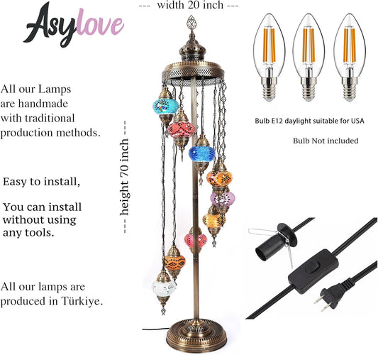 Turkish Lamp 9 Globe Mosaic Floor Lamp, Mosaic Standing Lamp, Moroccan Lamps, Floor Lamp for Decorative Home Designs Offer 5 Inch Globe - Total Height 70 Inch (Colormix)