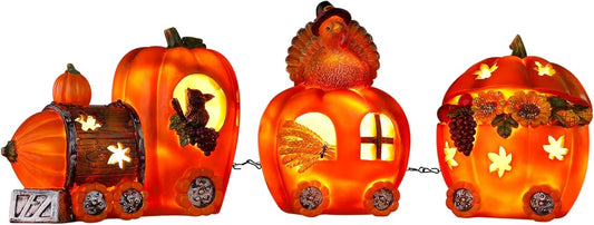 Thanksgiving Table Decorations Resin Pumpkin Turkey Carriage Train with LED Lights, Turkey Tabletop Centerpieces Fall Harvest Decor for Home Kitchen