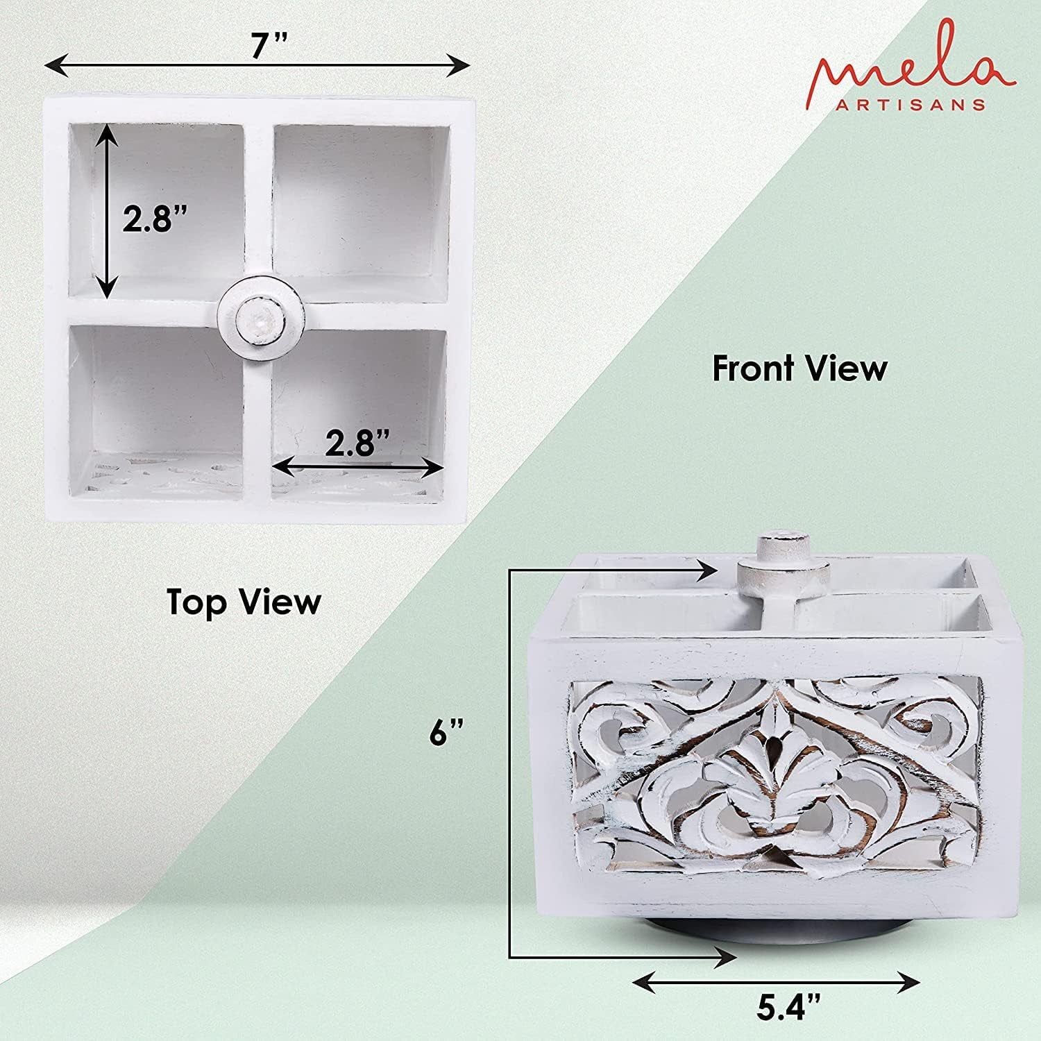 Spinning Wooden Pen Holder - Ellora, Shabby White | Pencil Cups for Desktop Organization | Rustic Farmhouse Decor | Elegant Office Desk Accessories | 4 Storage Compartments