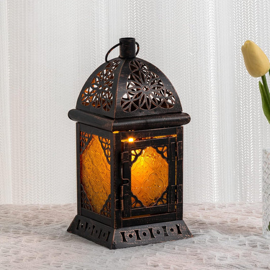 Vintage Moroccan Candle Lantern - 12" Amber Metal Hanging & Tabletop Decor for Indoor/Outdoor, Perfect for Christmas & Halloween Ambiance