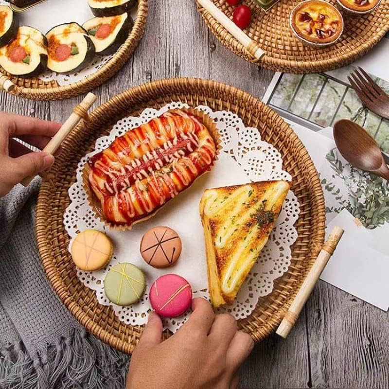 Woven Serving Tray, Rattan round Tray, Wicker Serving Basket with Wooden Handles (12.6 Inch / 32Cm)