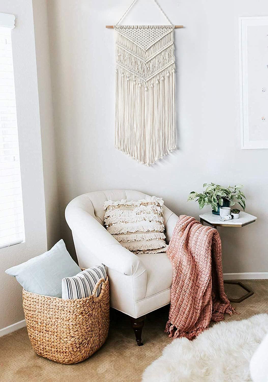 Macrame Wall Hanging Woven Boho Chic Wall Decor, Beautiful Geometric Wall Art for Apartment Dorm Bedroom Living Room Home Decoration, 16" W X 33" L